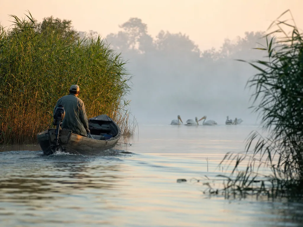 Barcă de pescuit pe un canal din Delta Dunării în zori