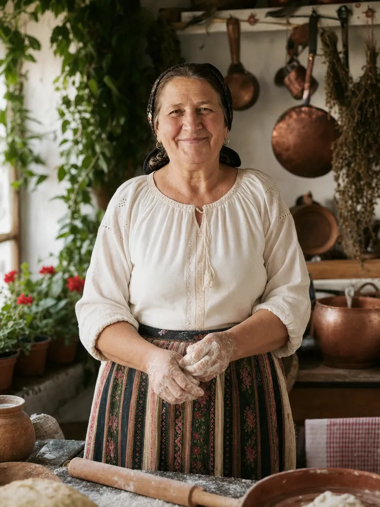 Gazdă zâmbind în bucătăria de vară a gospodăriei sale