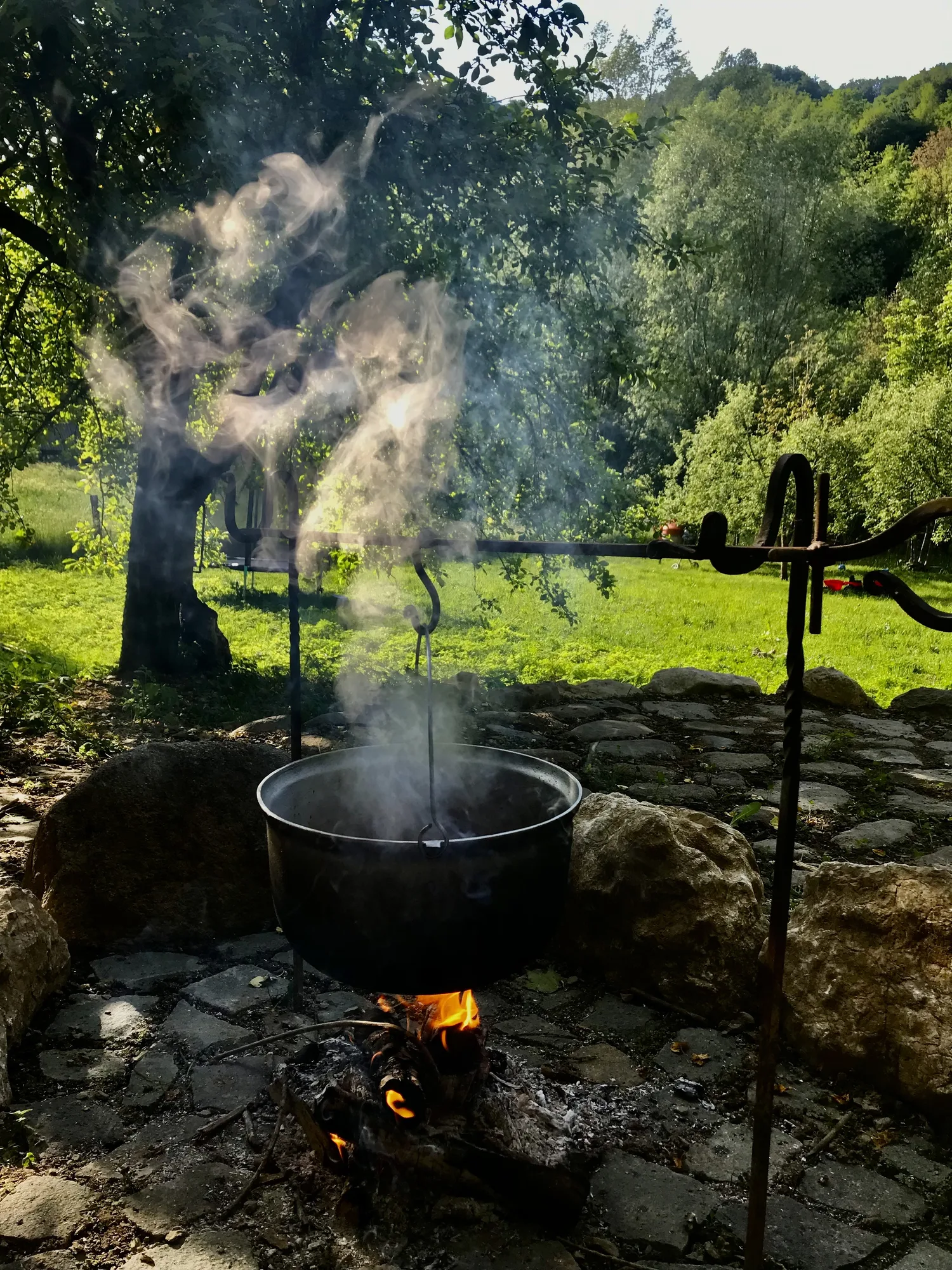 Ceaun pe foc de lemne în grădina de la Casa Veche Voia